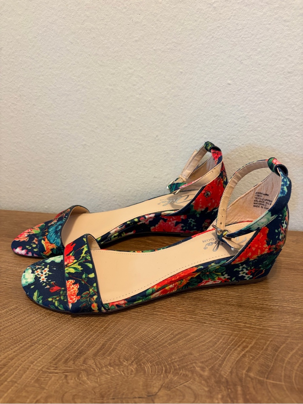 Floral Navy Ankle-Strap Wedge Heels